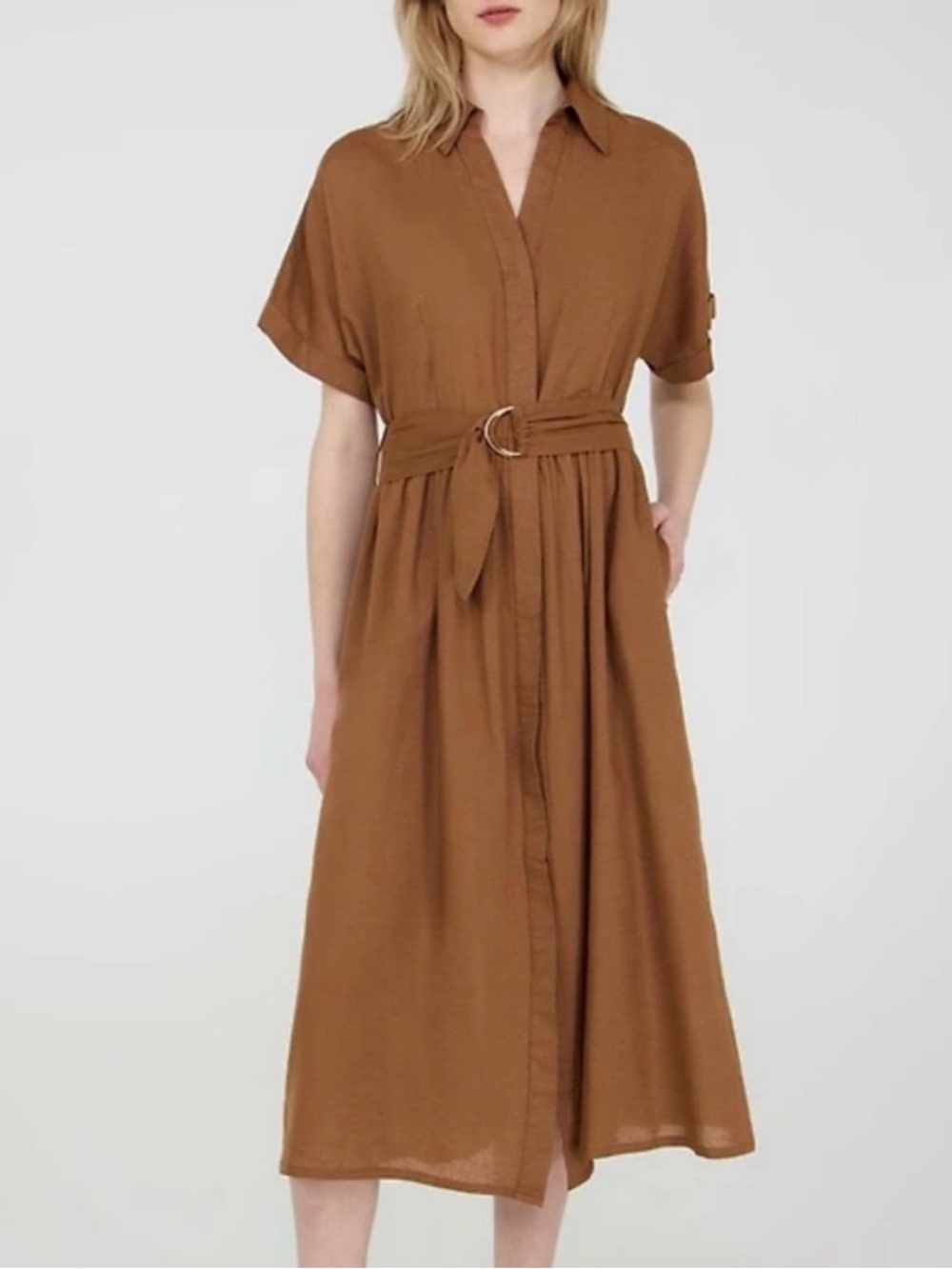 Suzy Shier Belted Shirt Midi Dress